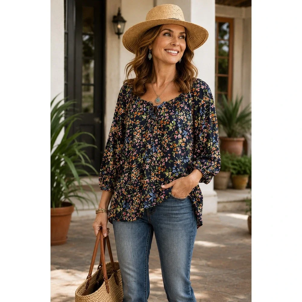 Jade Johnny Was Navy Floral 100%‎ Silk Puff Sleeve Tie Neck Blouse Small
